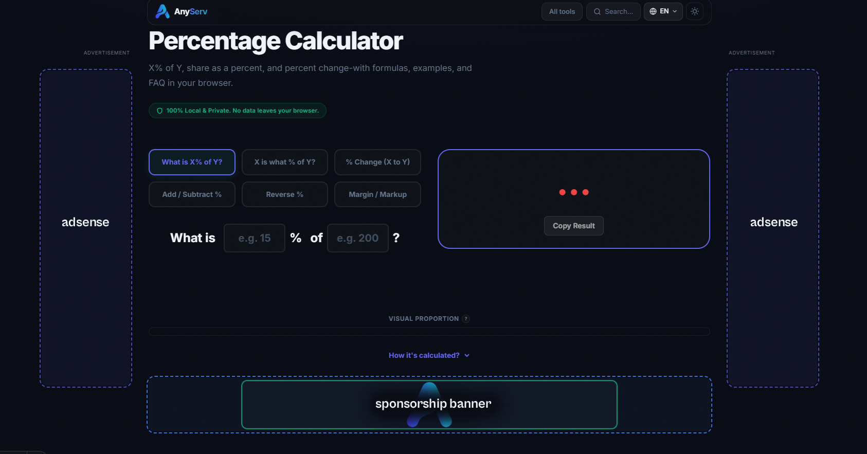 AnyServ tool page mockup showing left and right AdSense sidebar slots and a sponsorship banner below the calculator